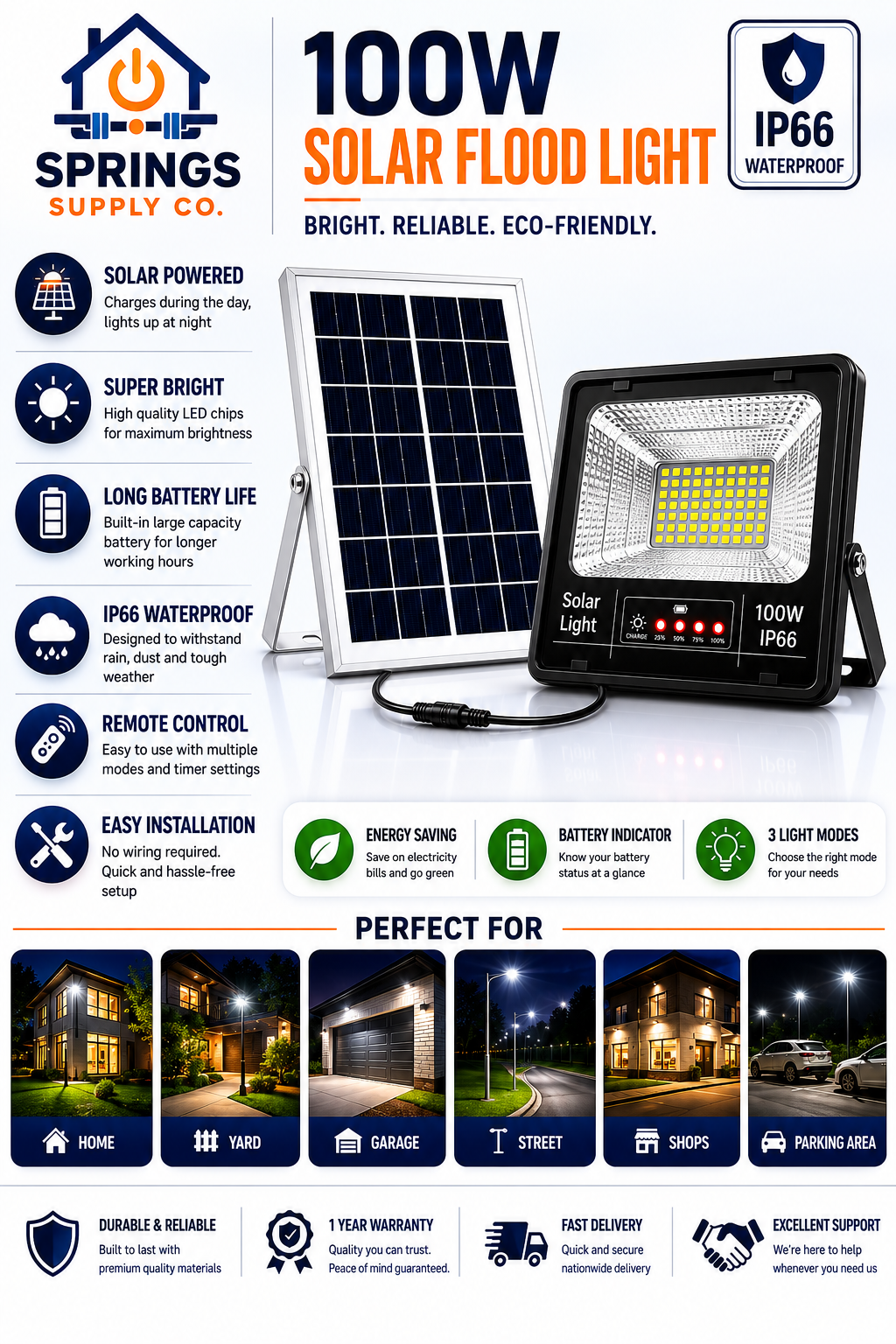 100W Solar Flood Light – IP66 Waterproof Outdoor Security Light