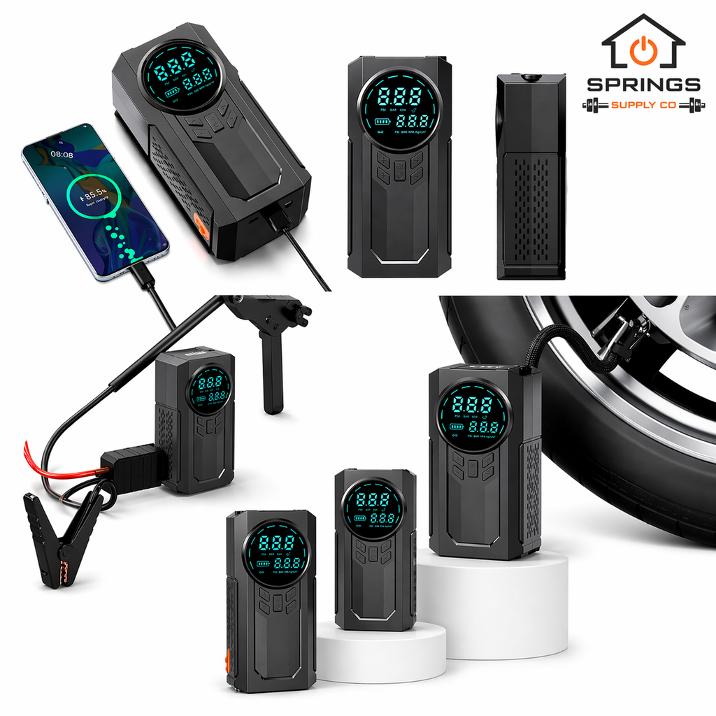 4-in-1 Car Jump Starter + Air Compressor + Power Bank + Flashlight