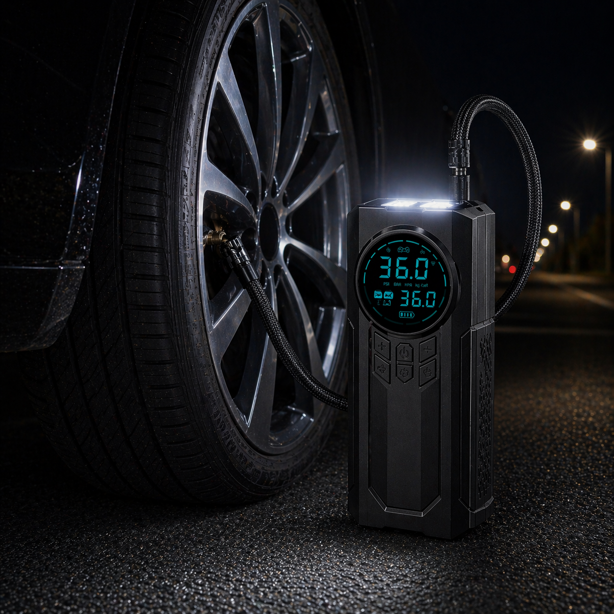 4-in-1 Car Jump Starter + Air Compressor + Power Bank + Flashlight