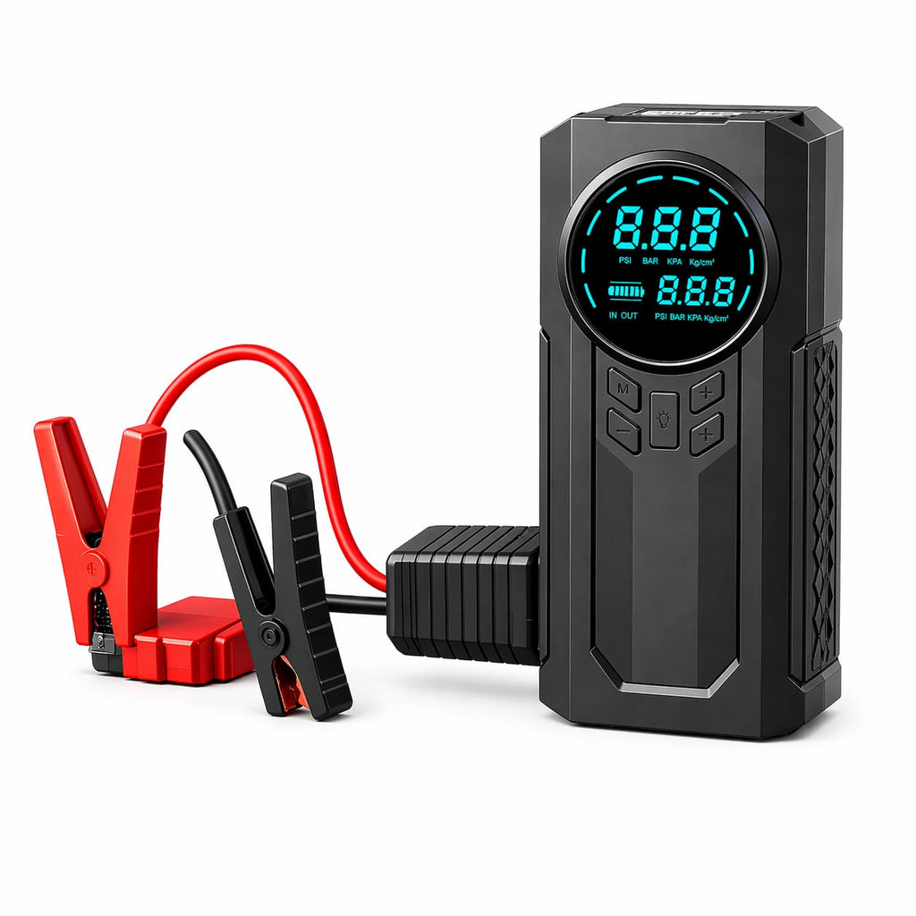 4-in-1 Car Jump Starter + Air Compressor + Power Bank + Flashlight
