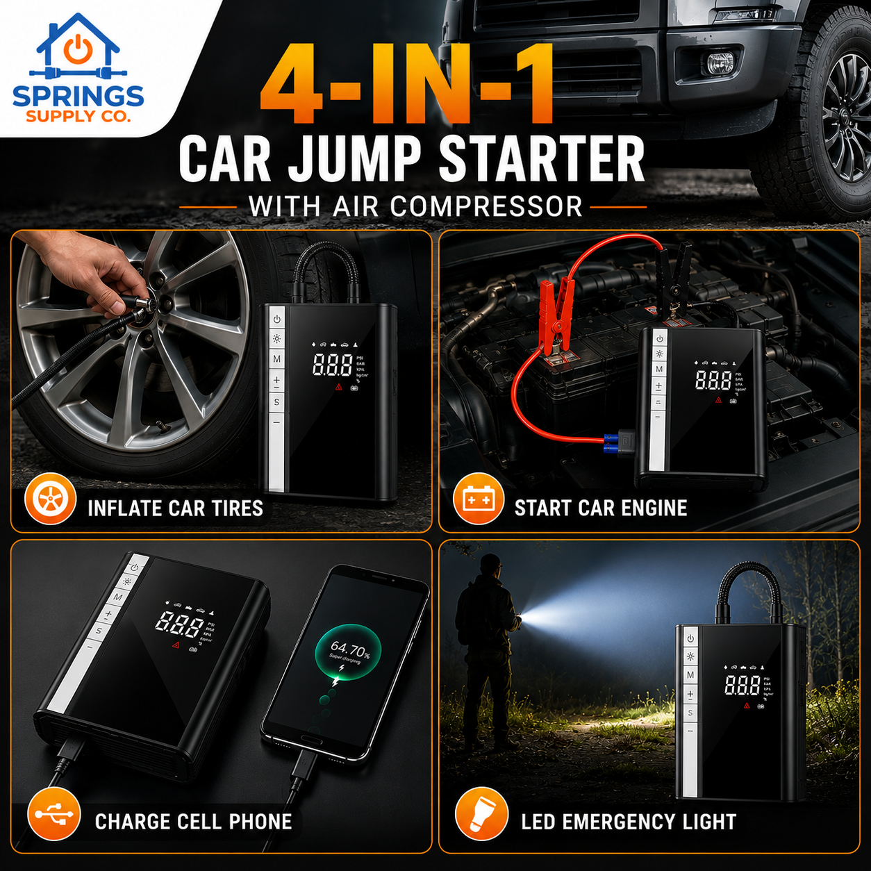 4 in One Jumpstarter + Air Compressor