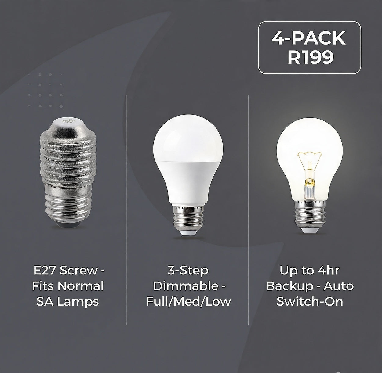 4 x 9W Rechargeable LED Bulb E27. 4-5hr Loadshedding Backup